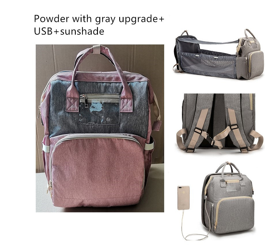 USB Charging Version Mommy Bed Backpack Folding Large Capacity Multi-function Pink-grey-B